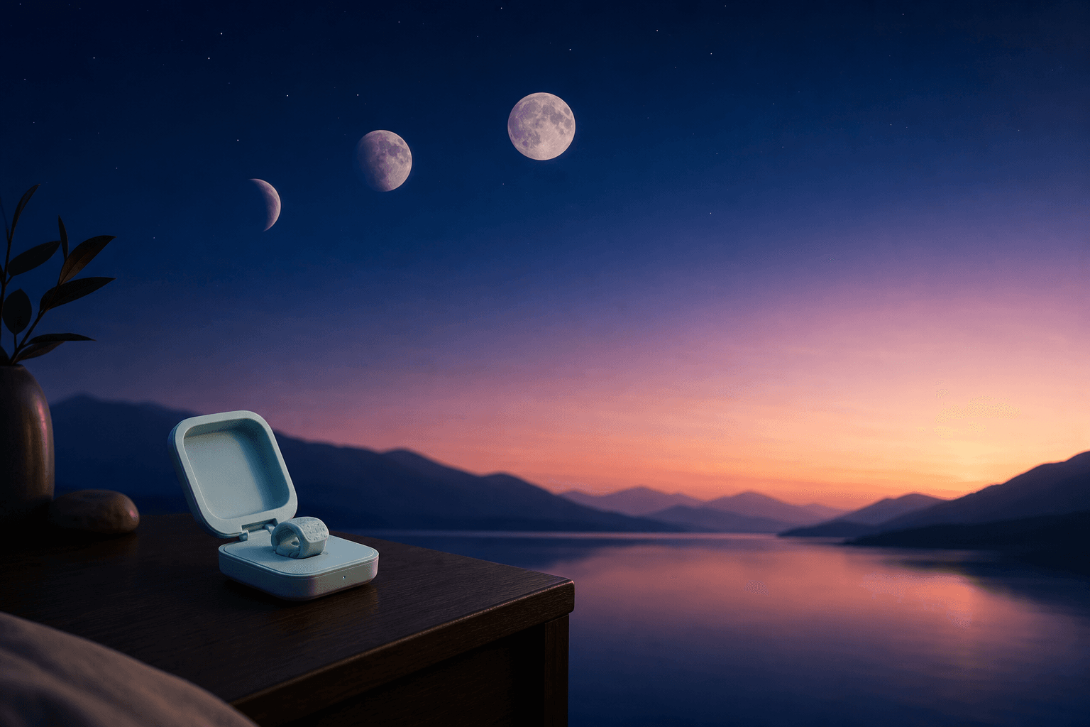 A sleep sensor on a bedside at twilight, with three moon phases over a dawn-to-dusk sky
